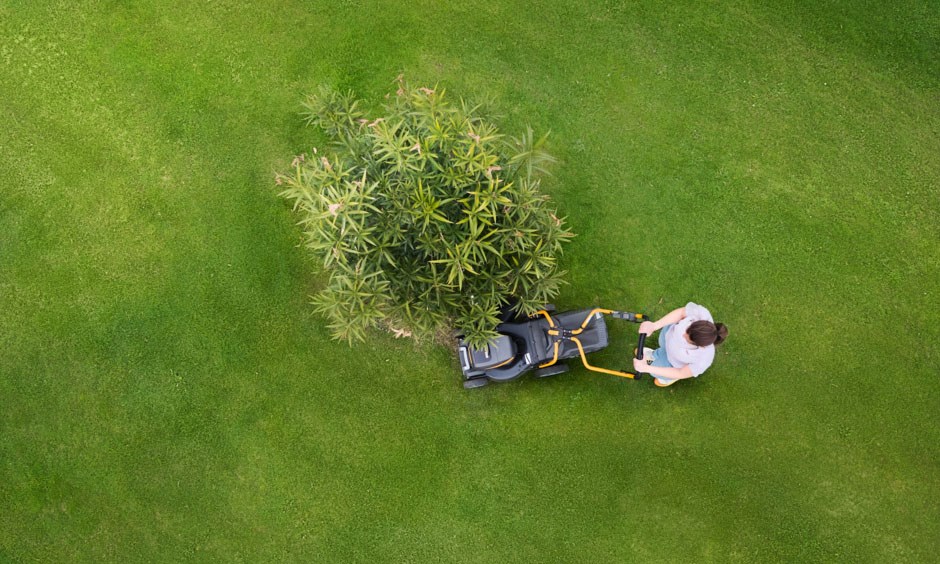 Bilde av robotklipper i grønn hage med hus i bakgrunnen