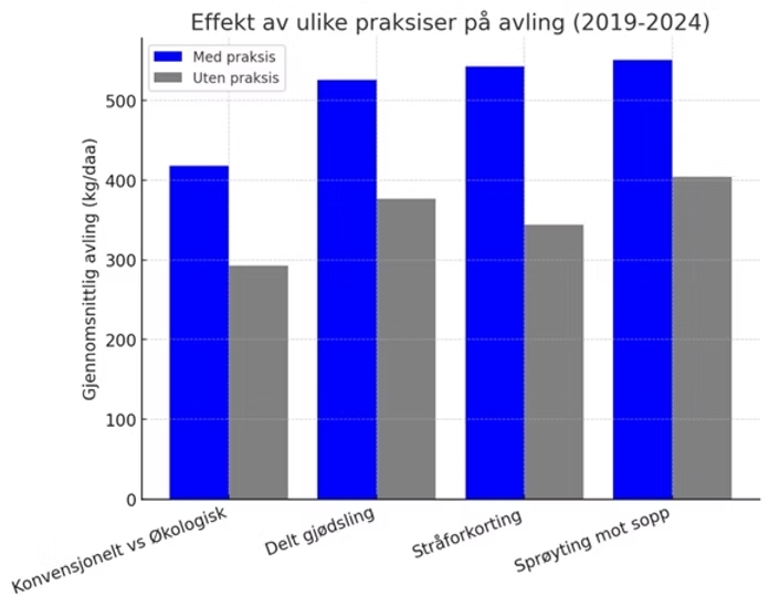 Graf: Hvilke av bondens valg ser ut til å ha gjort størst utslag på avling?