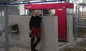 Thea satser på gården med rosa DeLaval robot