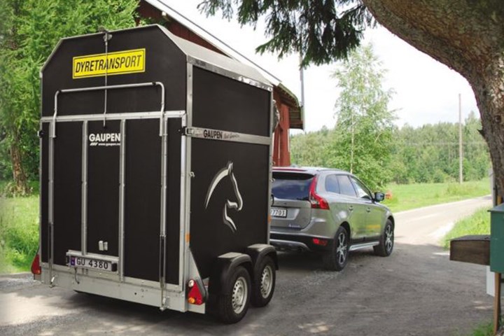 Bil med hestehenger på en landevei